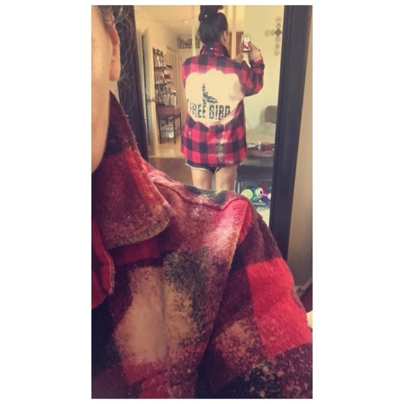 Flannel Shirt Jacket Shacket Free Bird Graphic Red Buffalo Plaid Mens Large - Picture 7 of 9